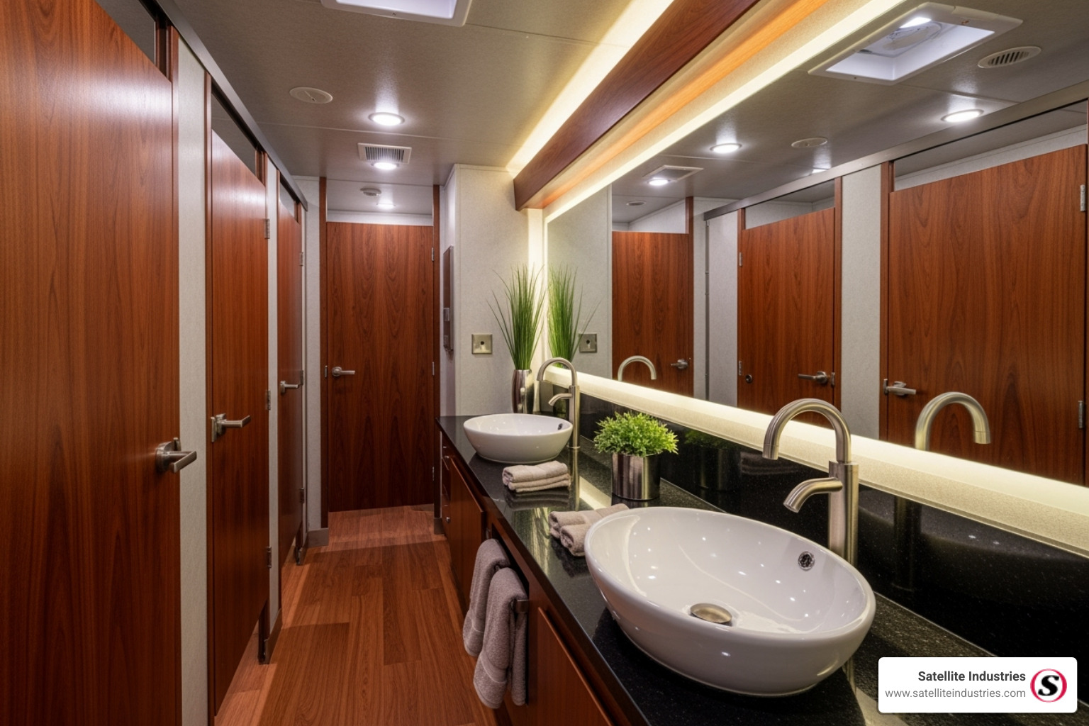 Luxury restroom trailer interior showing high-end finishes, including wood-grain flooring, modern sinks, and private stalls - Rent restroom trailer