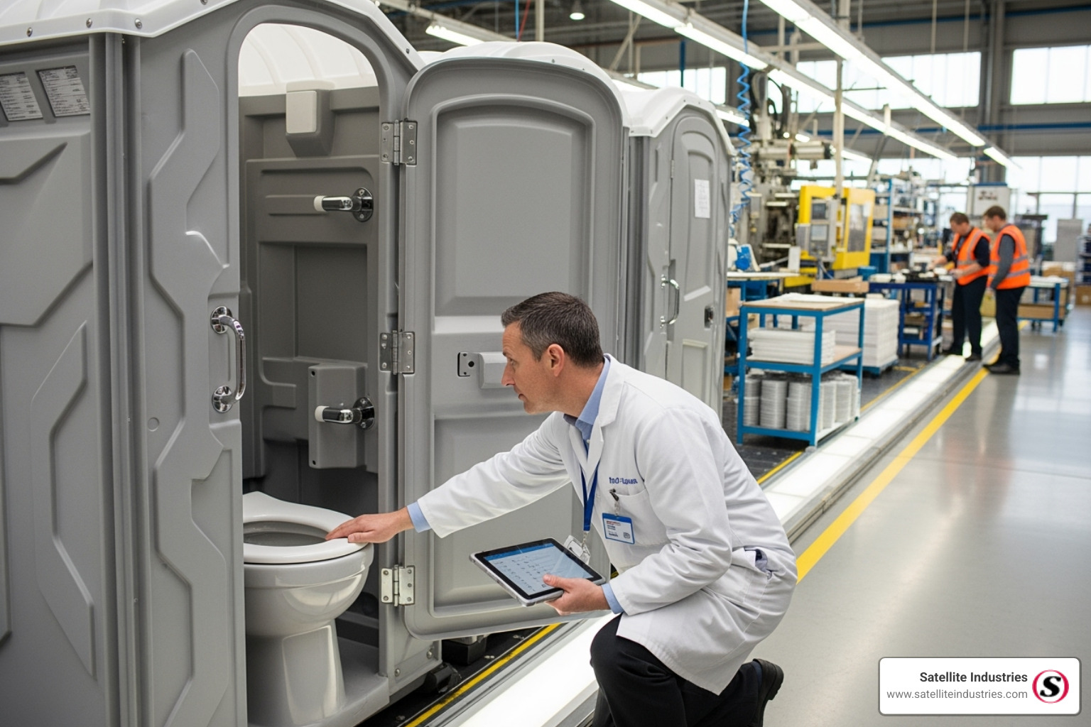 A quality control inspector checking a finished portable toilet unit - Portable toilet manufacturing