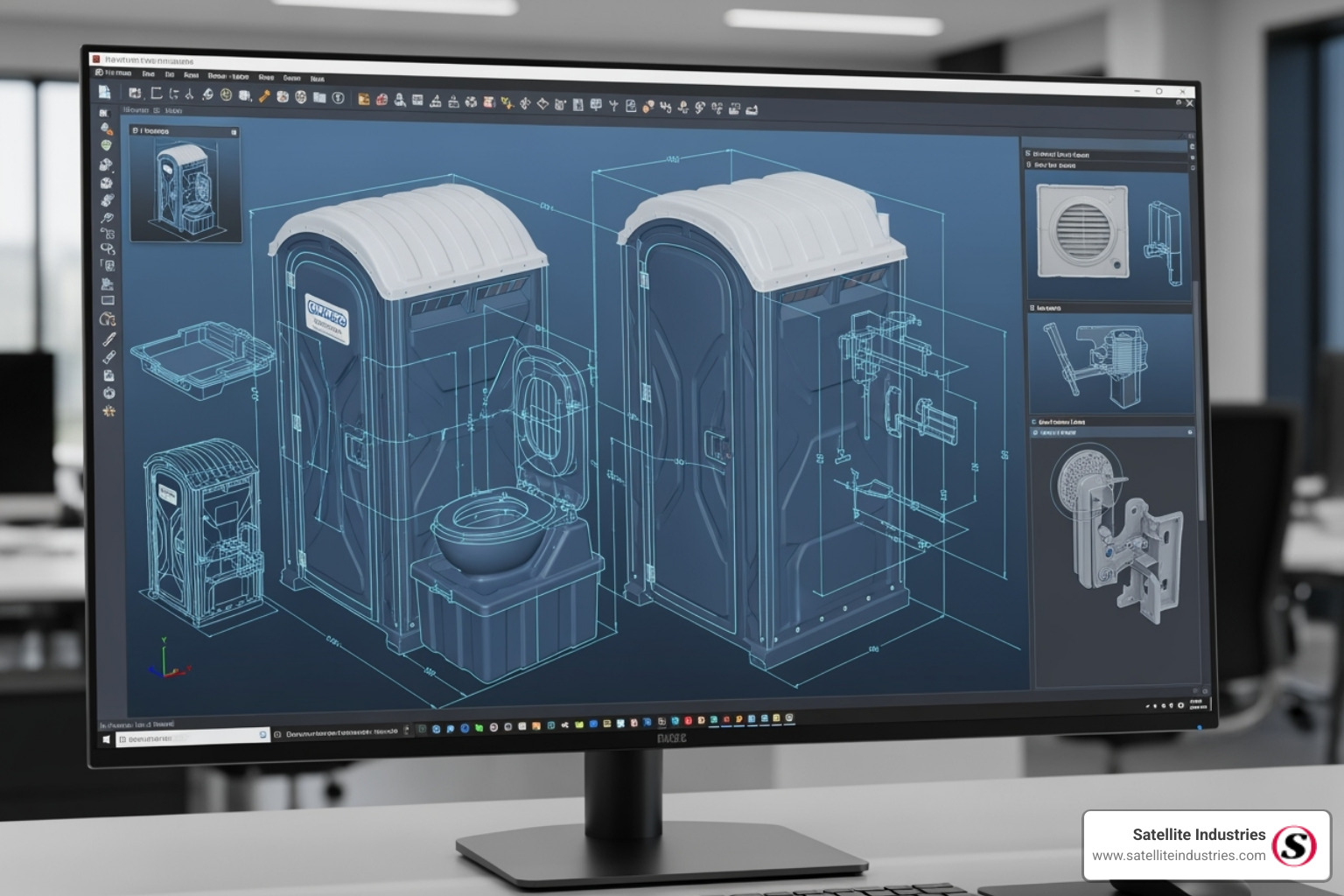 A CAD software interface showing a portable toilet design - Portable toilet manufacturing