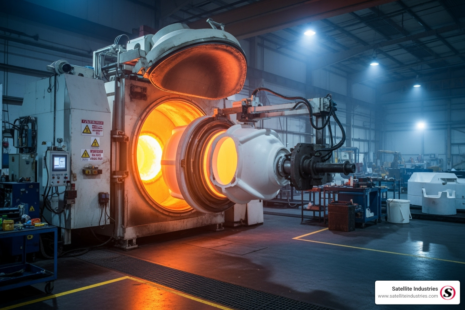 A rotational molding machine in action - Portable toilet manufacturing