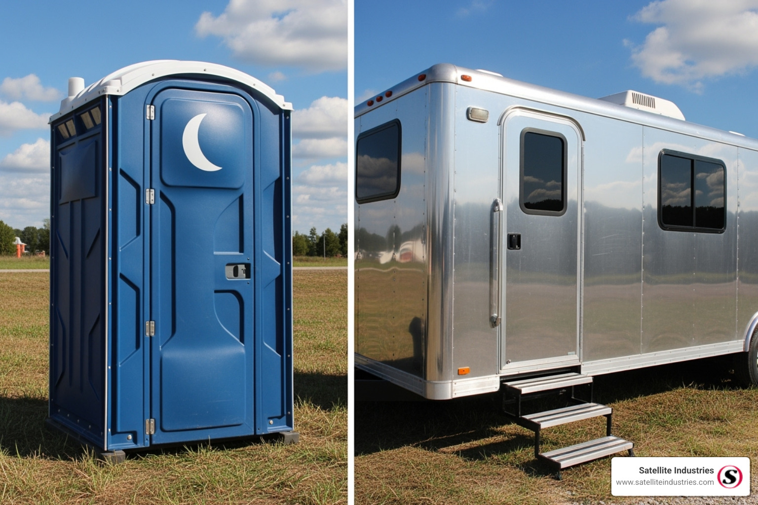 A standard portable toilet next to a luxury restroom trailer, showcasing the range of portable toilet solutions available - Portable toilet solutions