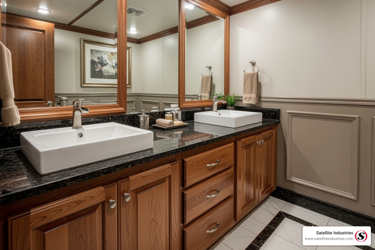 Luxury restroom interior with granite countertops and wood cabinetry - luxury portable toilet manufacturers