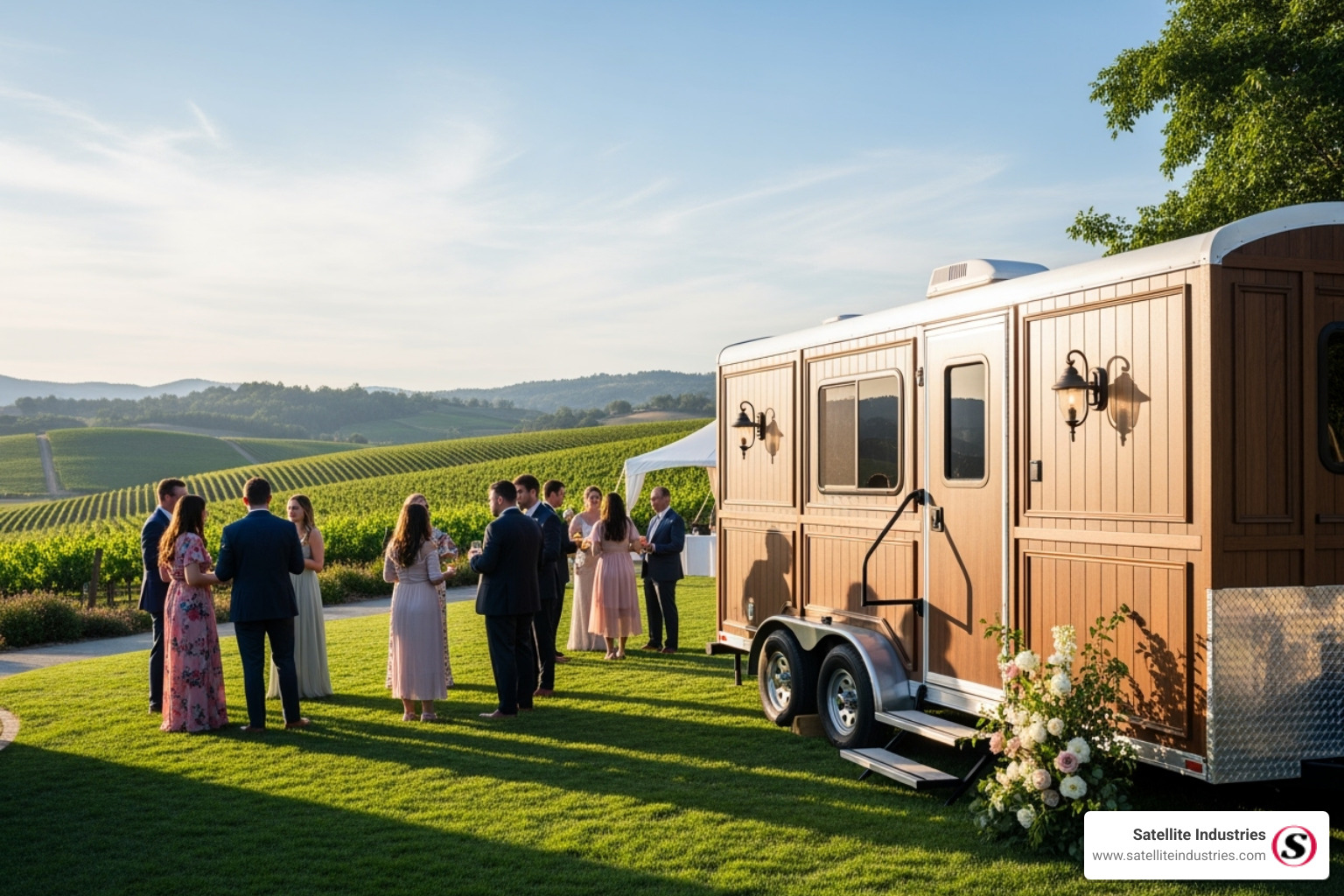 Luxury restroom trailer at a winery wedding - luxury portable toilet manufacturers