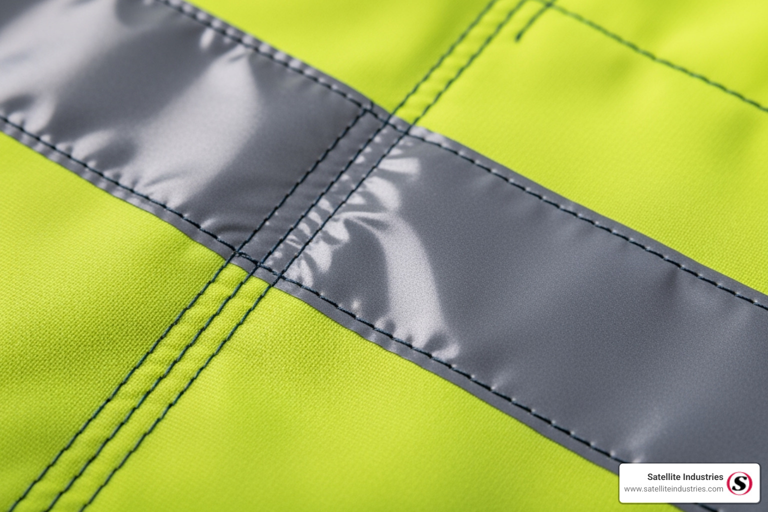 close-up of durable stitching and high-quality reflective tape on a hi-vis jacket - visibility improved apparel company