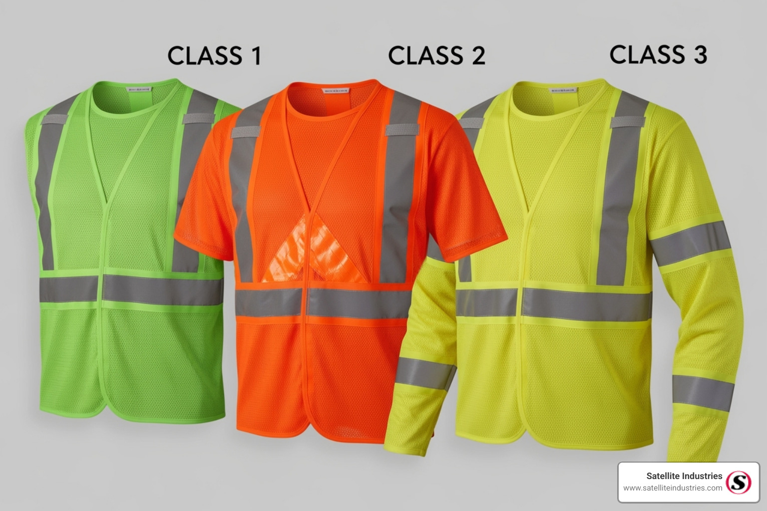 three vests side-by-side, clearly labeled ANSI Class 1, Class 2, and Class 3 - visibility improved apparel company
