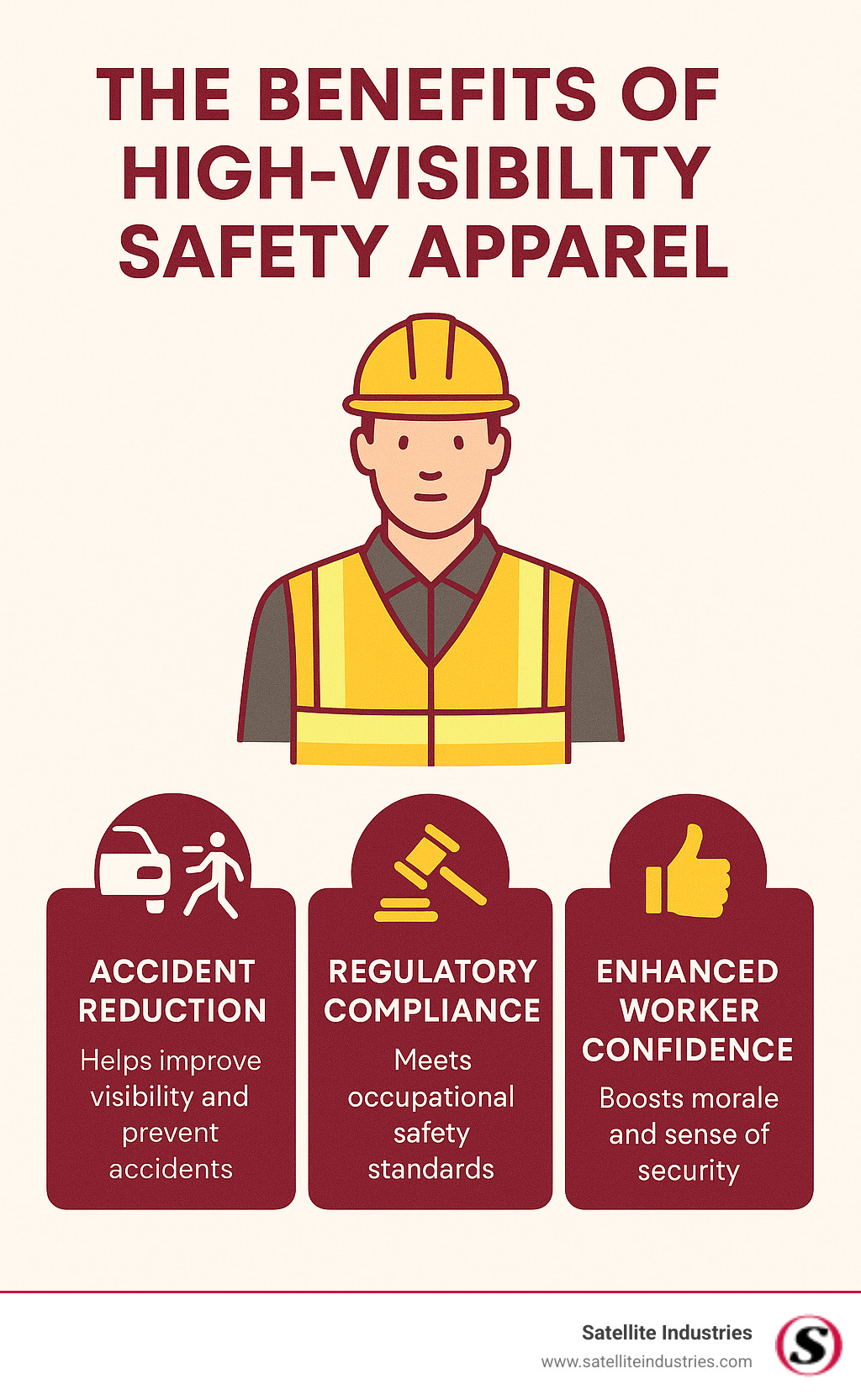 Infographic detailing the multi-faceted benefits of high-visibility safety apparel, including accident reduction, regulatory compliance, and improved worker confidence - visibility improved apparel company infographic