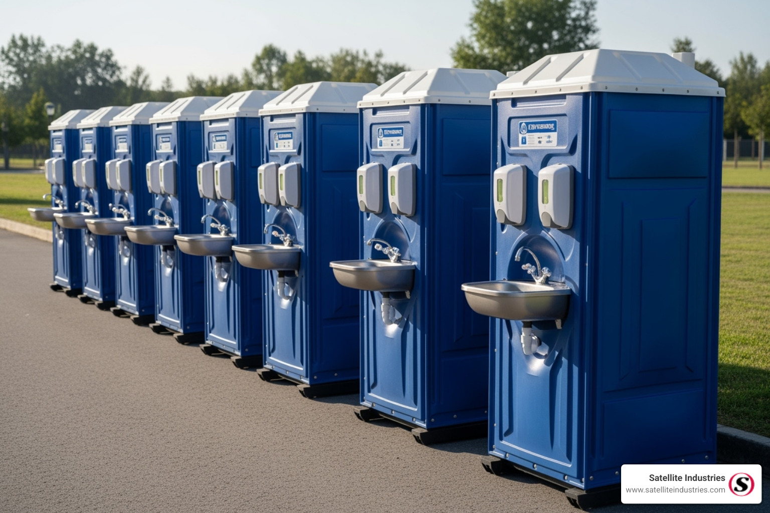 A fleet of clean, ready-to-rent portable handwashing stations lined up, symbolizing readiness for deployment - outdoor hand washing