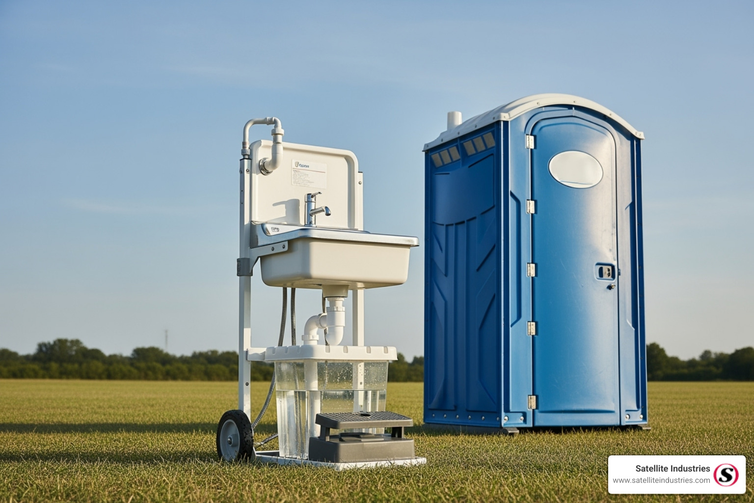 A single-user portable sink next to a portable restroom, illustrating typical outdoor setup - outdoor hand washing