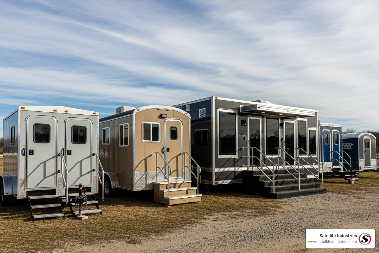 of various sizes of portable restroom trailers side-by-side - portable toilet and shower room manufacturers