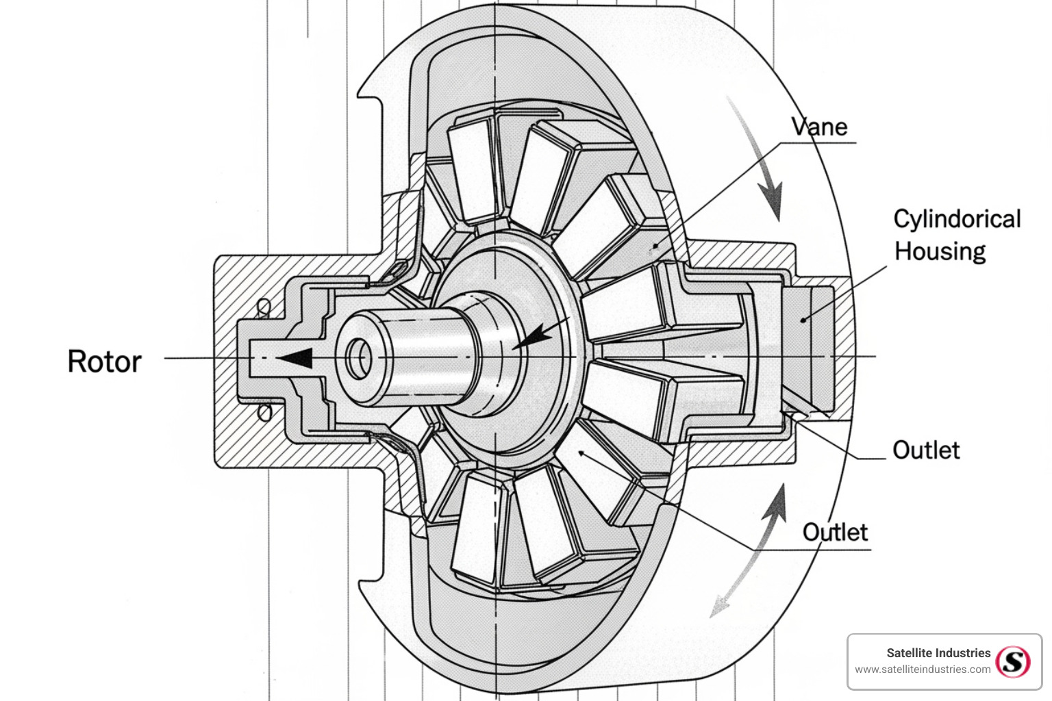 Internal mechanism of a rotary vane pump showing vanes sliding in and out of slots - Septic truck vacuum pump