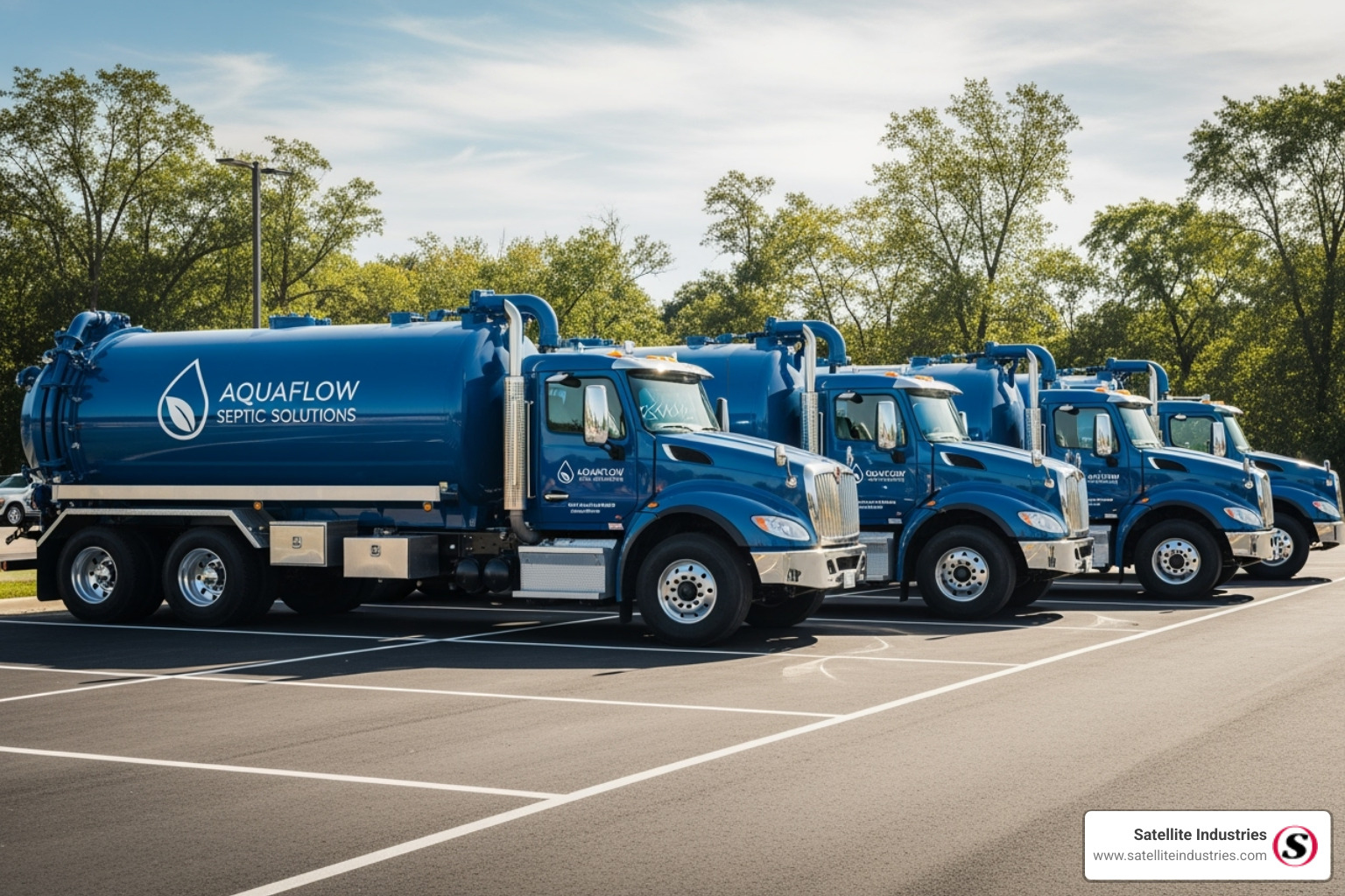 Modern, clean septic truck fleet with Satellite Industries branding - Septic truck vacuum pump