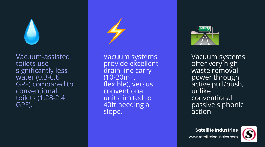 Table comparing Vacuum-Assisted and Conventional (gravity-flush) toilets on key metrics: Water Usage (GPF), Waste Removal Power, Drain Line Carry, Installation Flexibility, and Typical Noise Level - vacuum assisted toilet system infographic 3_facts_emoji_blue