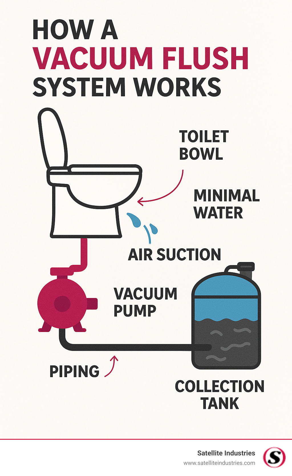 Infographic explaining the basic principle of a vacuum flush system, showing components like the toilet bowl, vacuum pump, piping, and collection tank, and highlighting minimal water usage and air suction for waste transport - vacuum assisted toilet system infographic