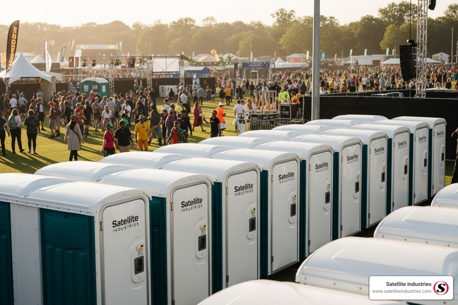 multiple Satellite Industries vacuum toilet units lined up at a large, professional event - vacuum assisted toilet system