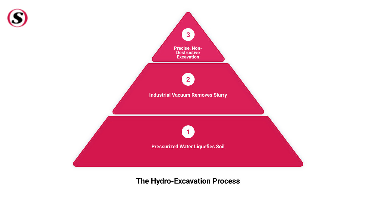 Detailed infographic showing the hydro-excavation process: pressurized water breaks up soil, powerful vacuum removes slurry into debris tank, precise excavation around utilities, operator controls from safe distance – hydro-excavation vacuum truck infographic 3_stage_pyramid