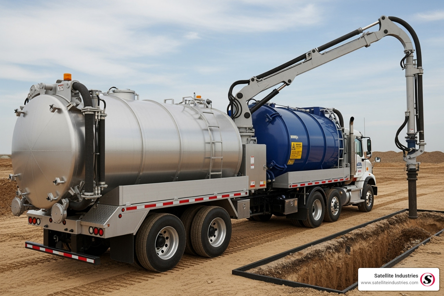 key components of a hydro-excavation truck, highlighting the water tank, debris tank, and vacuum boom