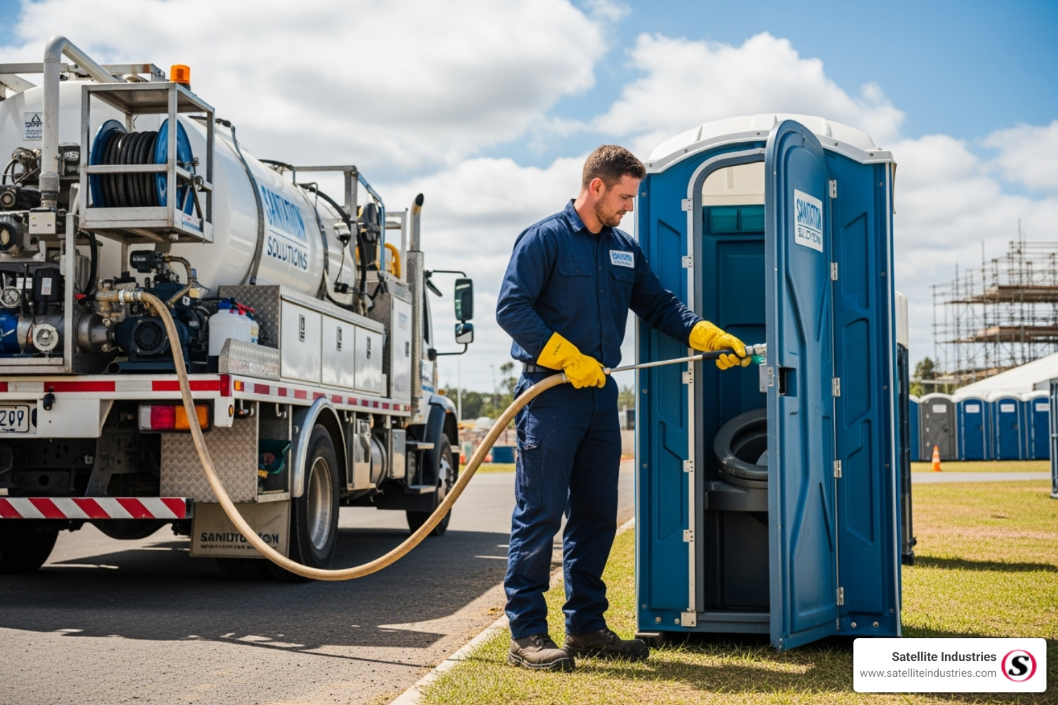 a service technician correctly servicing a portable toilet - scent boosters