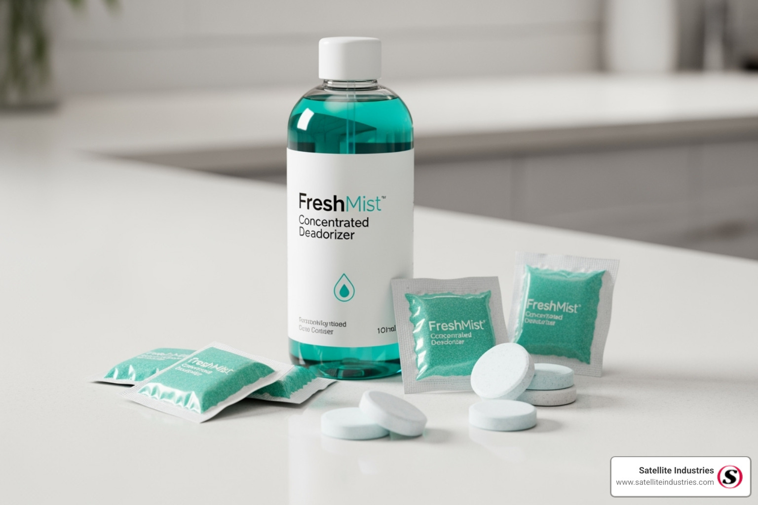 different types of commercial deodorizers: a liquid concentrate bottle, dissolvable packs, and tablets - scent boosters