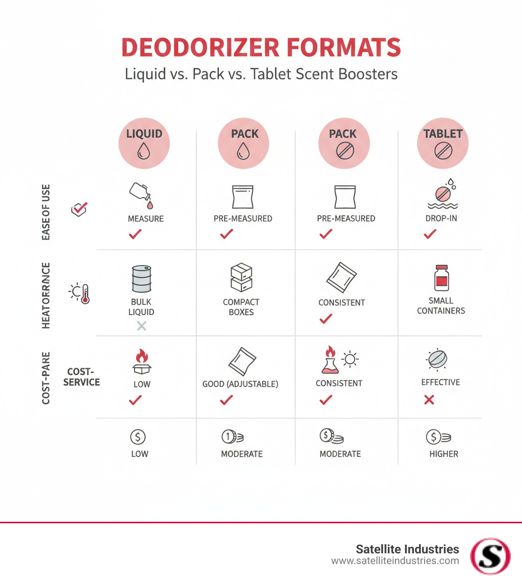 Table comparing Liquid vs. Pack vs. Tablet deodorizers on Ease of Use, Storage Requirements, Performance in Heat, and Cost-per-service - scent boosters infographic