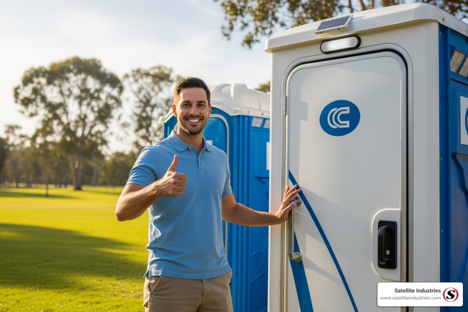 a satisfied customer giving a thumbs-up near a portable restroom - scent boosters
