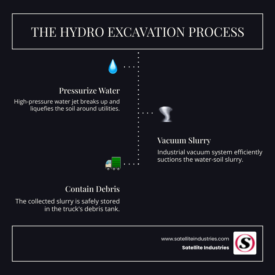 Detailed infographic showing the hydro excavation process from pressurized water breaking up soil through vacuum system removing slurry into debris tank, with labeled components including water pump, heating system, boom controls, and filtration - hydro excavation truck for sale infographic infographic-line-3-steps-dark