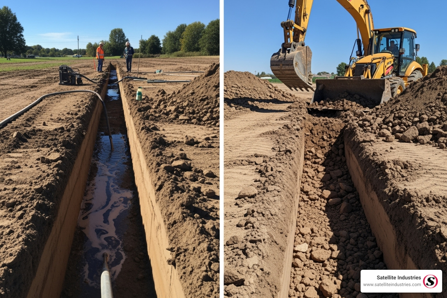 image comparing a precise hydro excavation trench next to a large, disruptive backhoe trench - hydro excavation truck for sale