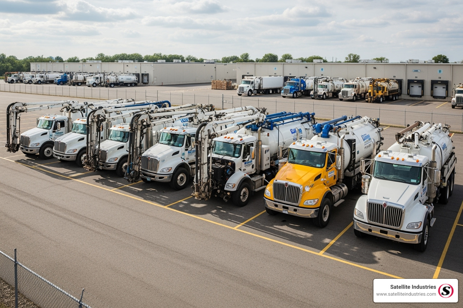 image of a fleet of various-sized hydro excavation trucks ready for distribution - hydro excavation truck for sale