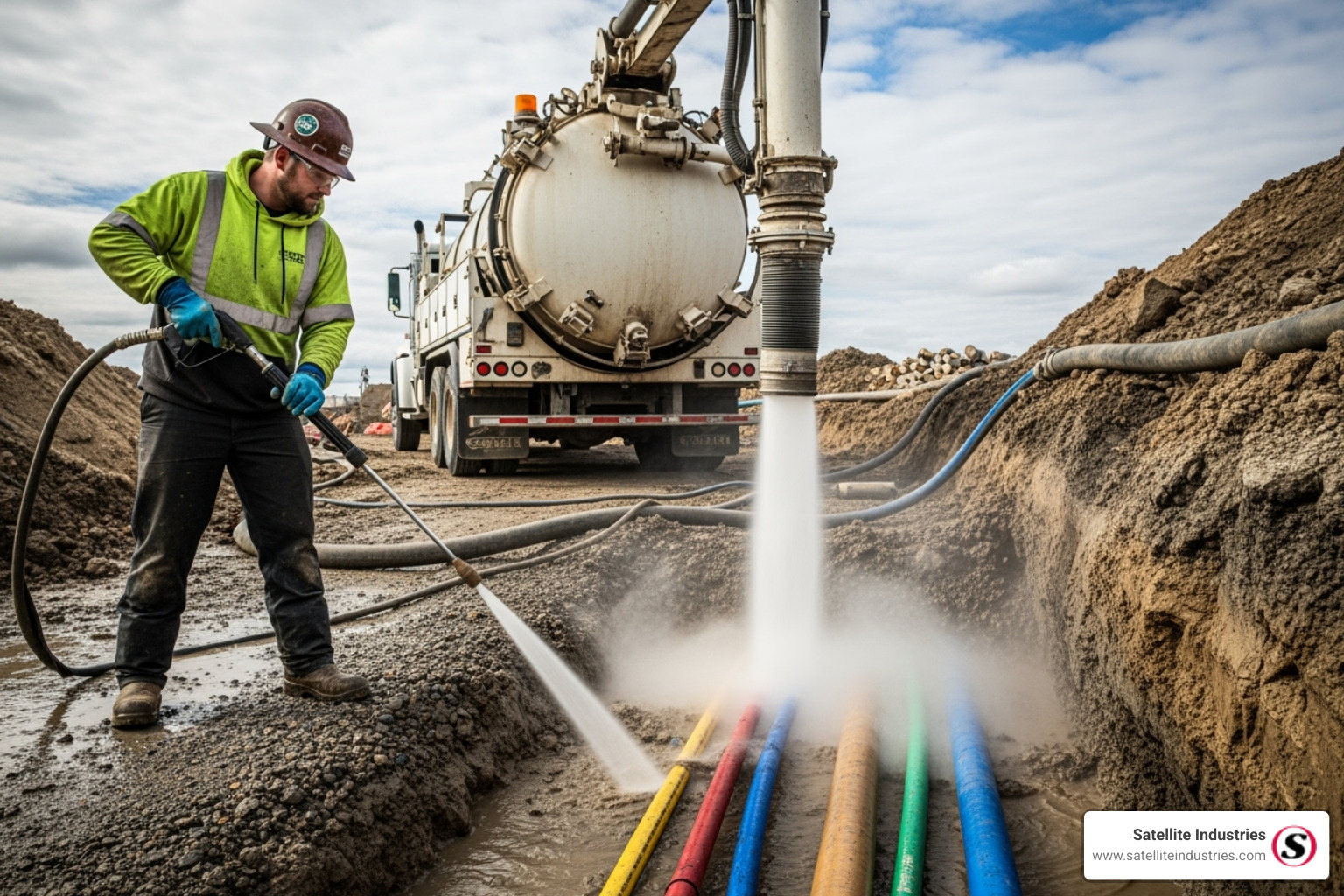 operator using a hydrovac wand - hydrovac trailer for sale