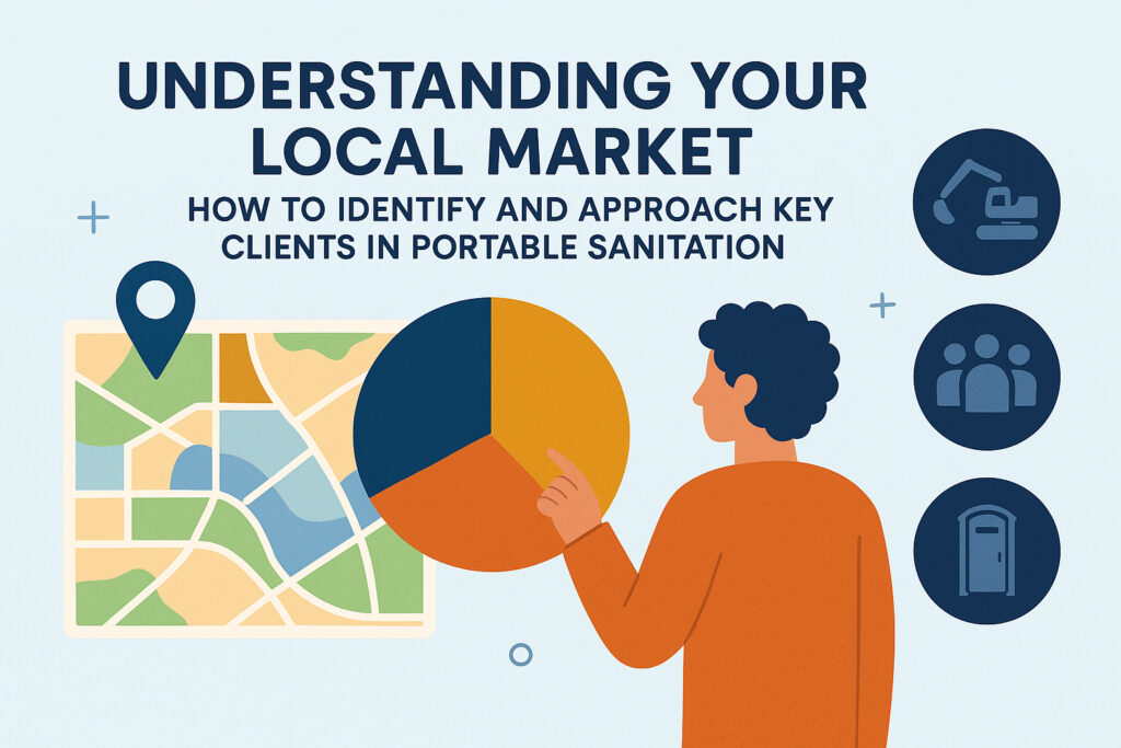 Graphic for Understanding Your Local Market: How to Identify and Approach Key Clients in Portable Sanitation, showing a person analyzing a pie chart over a city map with icons for construction, community groups, and portable restrooms—visualizing market segmentation and target clients for restroom rental businesses.