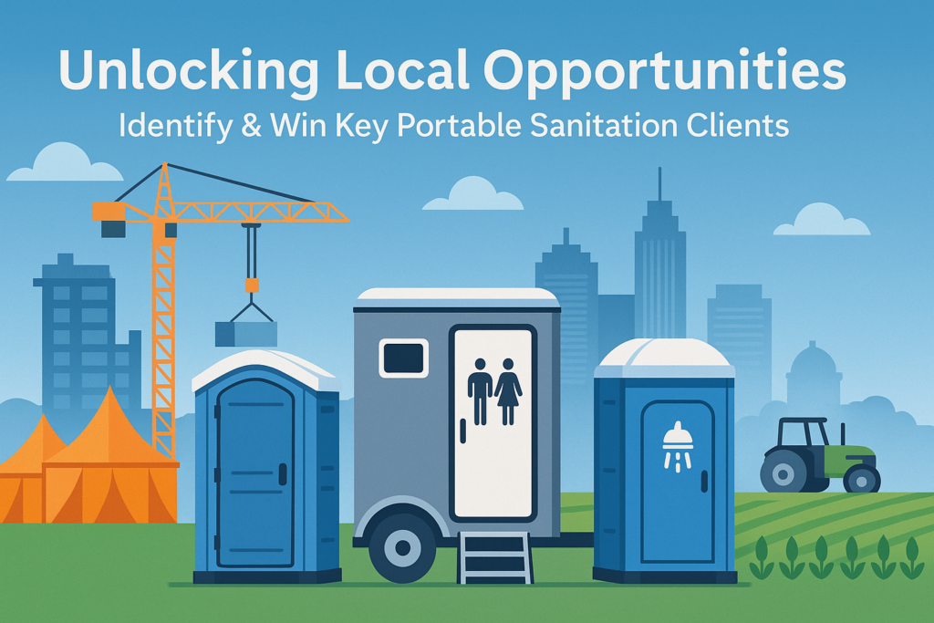 Illustration labeled ‘Unlocking Local Opportunities: Identify & Win Key Portable Sanitation Clients,’ featuring a construction crane, festival tent, city skyline, and farm tractor behind portable toilets, a restroom trailer, and a shower unit—visually highlighting core client segments for portable-sanitation providers.