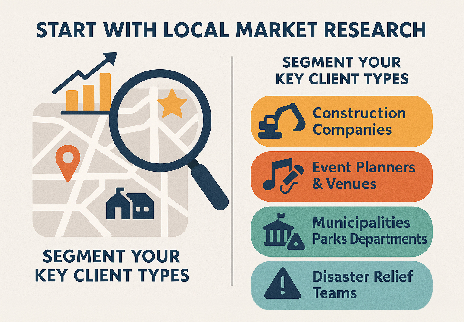 Graphic stating that portable restroom operators should start with their local market and segment your key client types. Types include Construction, event planners, parks, and disaster relief teams.