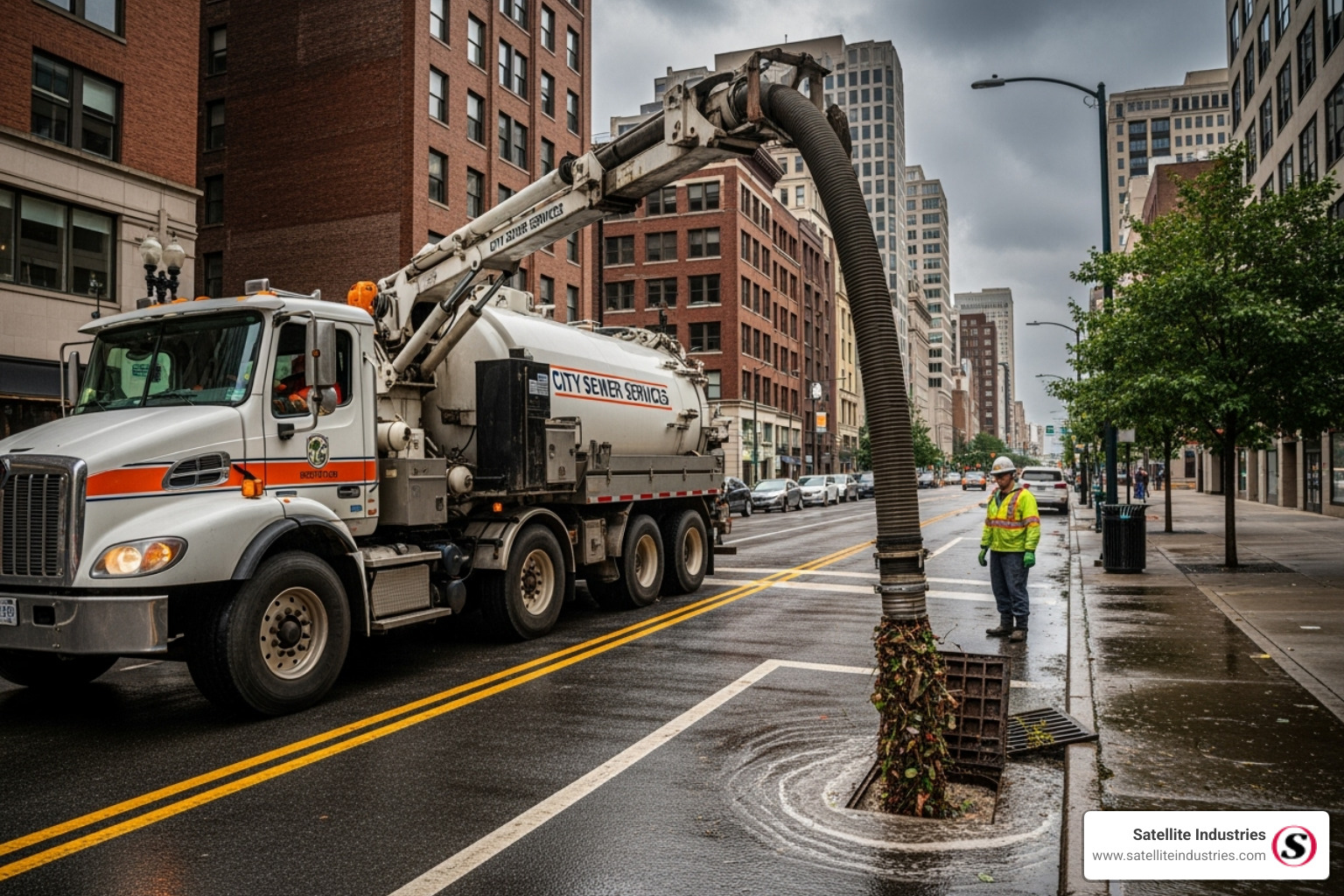 vacuum truck clearing a storm drain in a city before a storm - Emergency vacuum truck