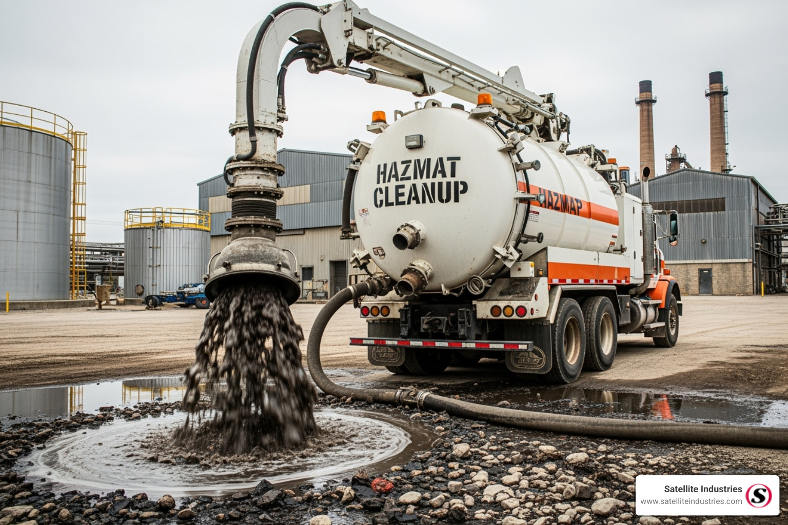 vacuum truck's powerful hose and boom in action - Emergency vacuum truck