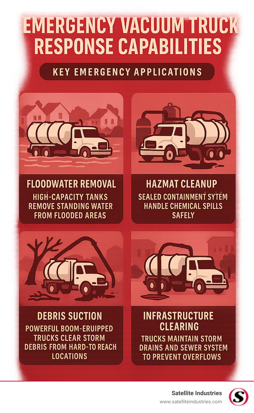 Emergency Vacuum Truck Response Capabilities - Infographic showing four key emergency applications: Floodwater Removal with high-capacity tanks removing standing water from flooded areas, Hazmat Cleanup featuring sealed containment systems handling chemical spills safely, Debris Suction using powerful boom-equipped trucks clearing storm debris from hard-to-reach locations, and Infrastructure Clearing showing trucks maintaining storm drains and sewer systems to prevent overflows - Emergency vacuum truck infographic