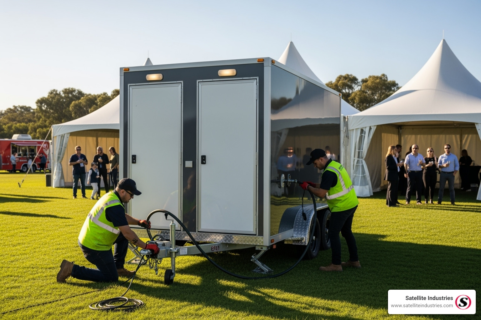 restroom trailer being set up at an outdoor event - 2 stall restroom trailer