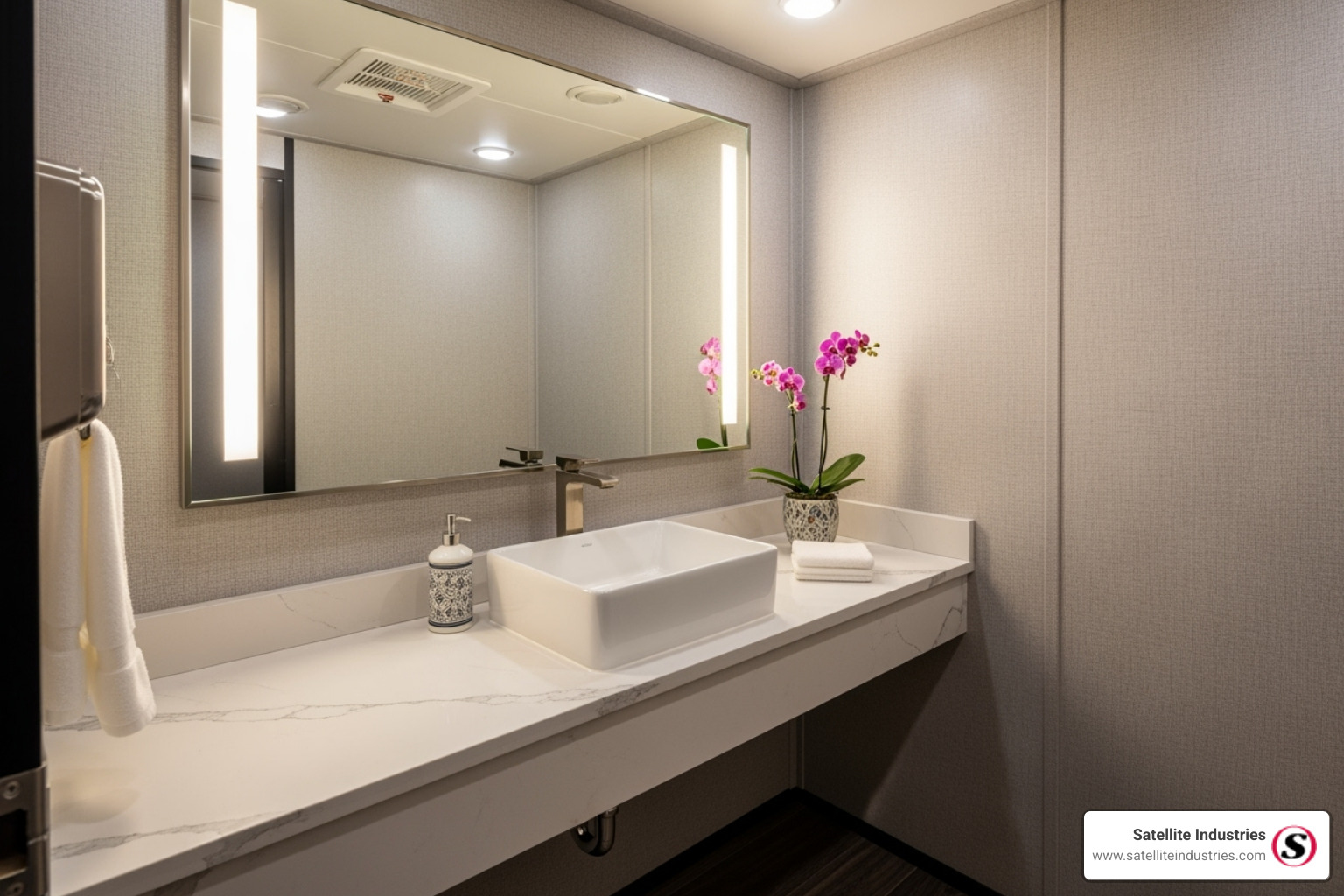 high-end restroom trailer interior with vanity and mirror - 2 stall restroom trailer
