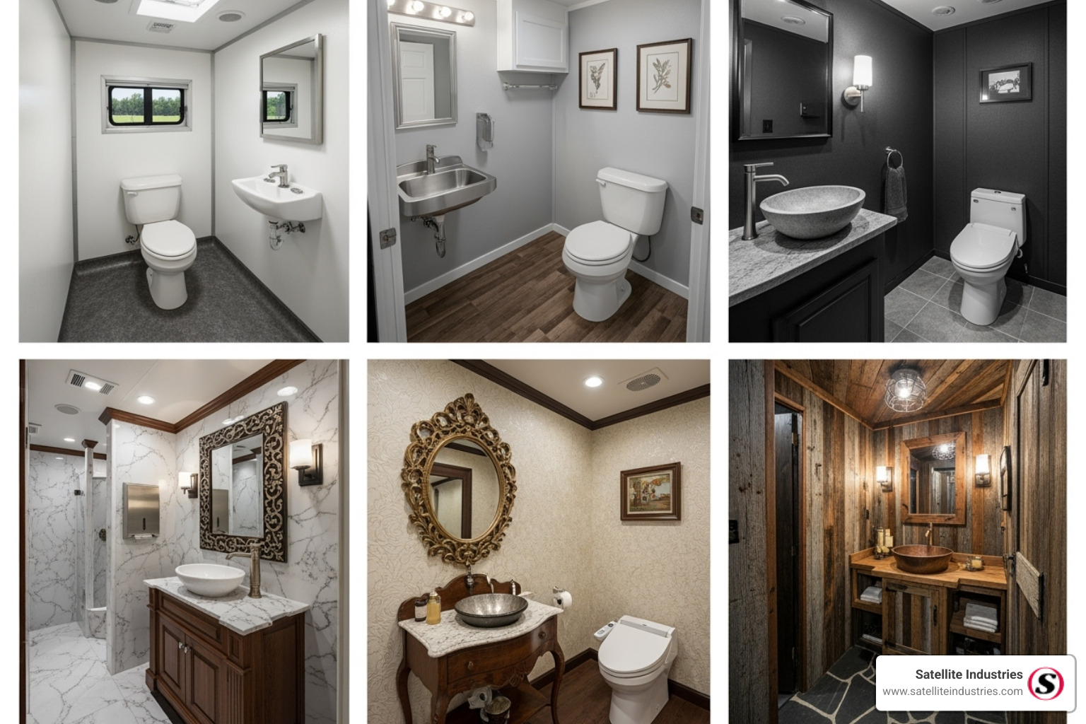 showcasing a collage of different trailer interiors, from standard to luxury - Restroom trailer for sale