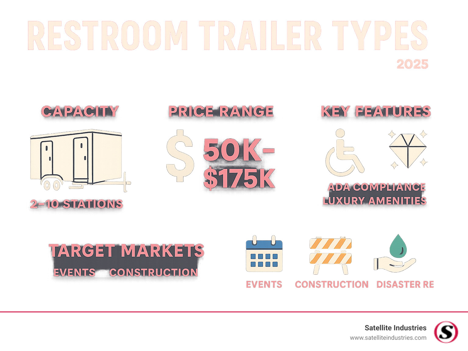 infographic showing restroom trailer types, capacity ranges from 2-10 stations, price ranges from $50k-$175k for new units, key features including ADA compliance and luxury amenities, and target markets including events, construction, and disaster relief - Restroom trailer for sale infographic 