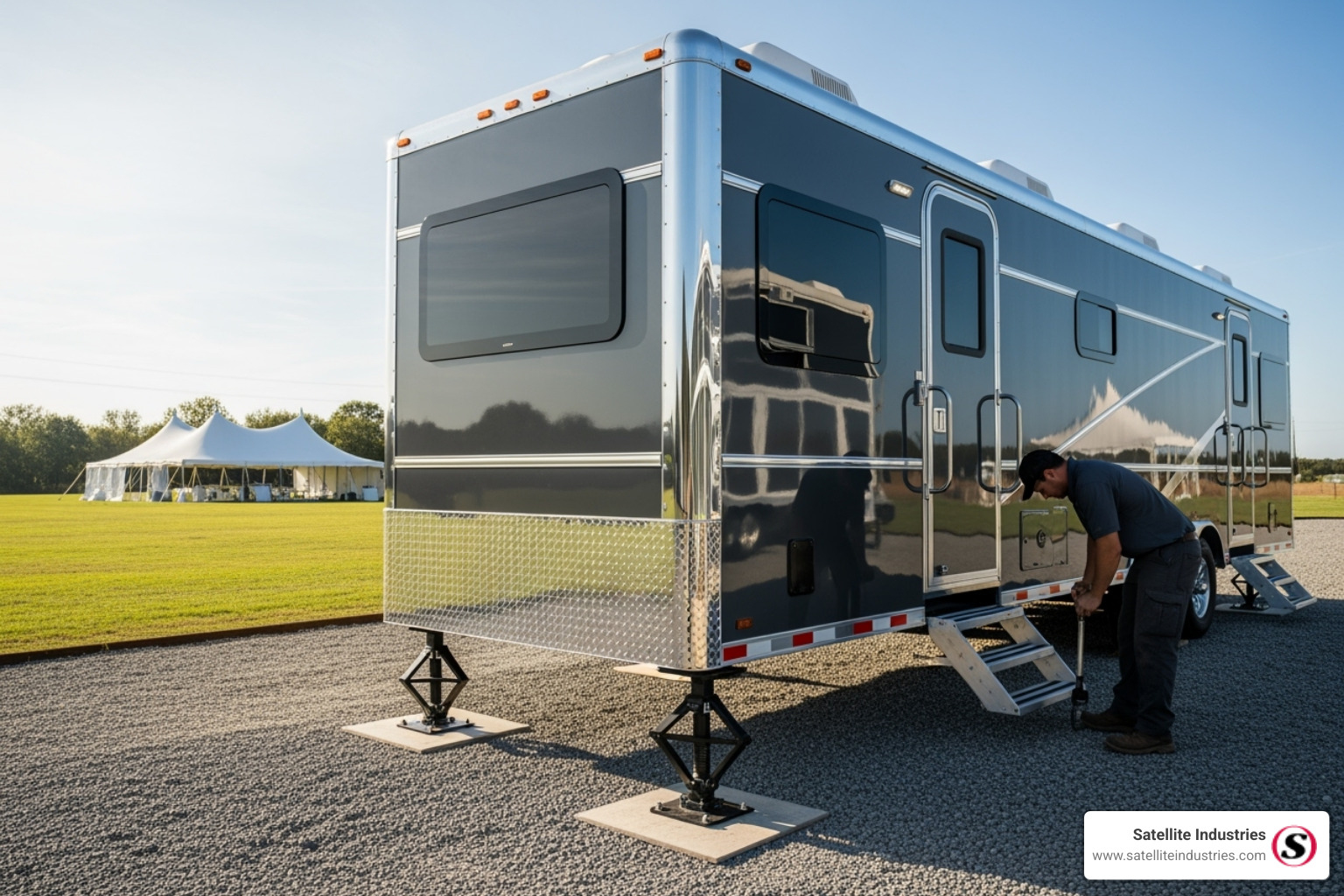 restroom trailer being set up on a level gravel surface - luxury mobile restroom trailers