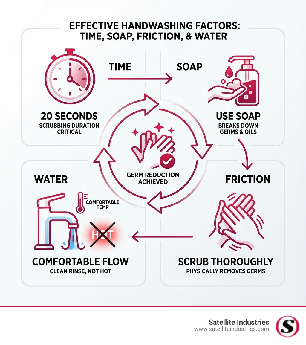 infographic explaining the key factors in effective handwashing: Time, Soap, Friction, and Water - hot water hand washing infographic