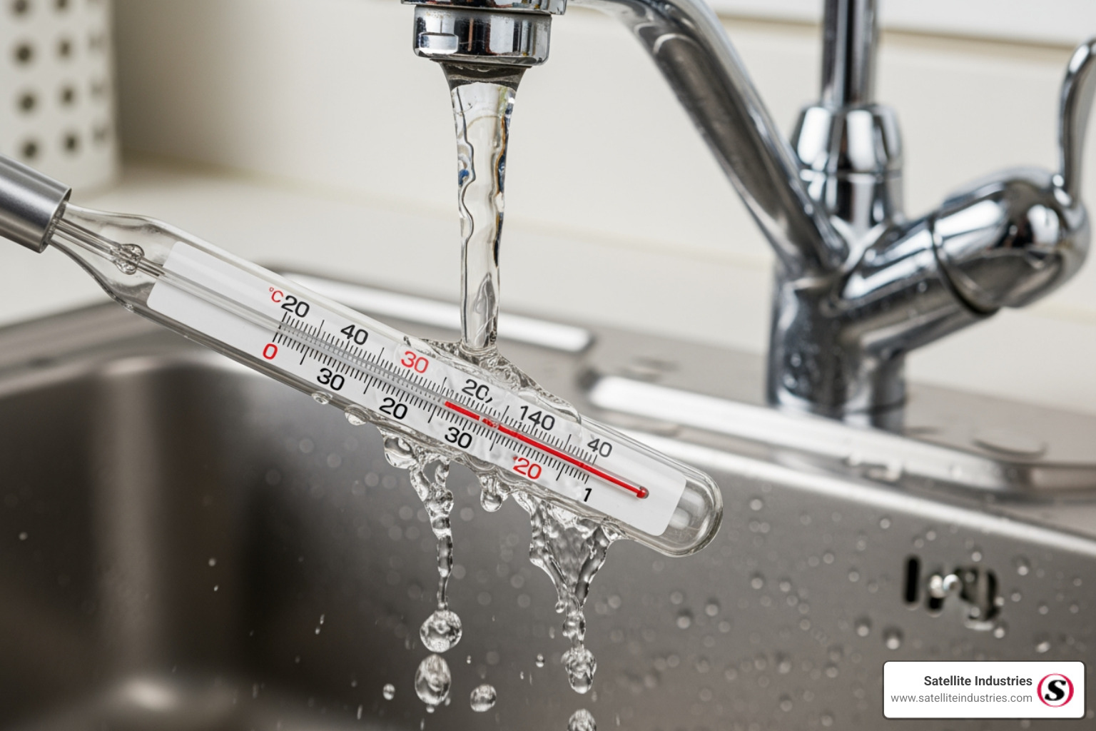 a thermometer in a stream of water from a faucet - hot water hand washing