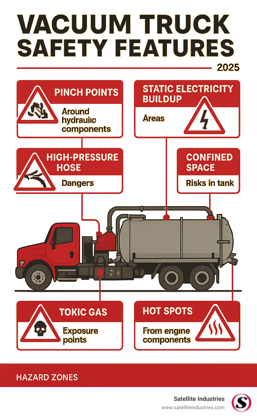 Comprehensive infographic showing vacuum truck hazard zones including pinch points around hydraulic components, static electricity buildup areas, high-pressure hose dangers, confined space risks in tanks, toxic gas exposure points, and hot spots from engine components - Vacuum truck safety features infographic