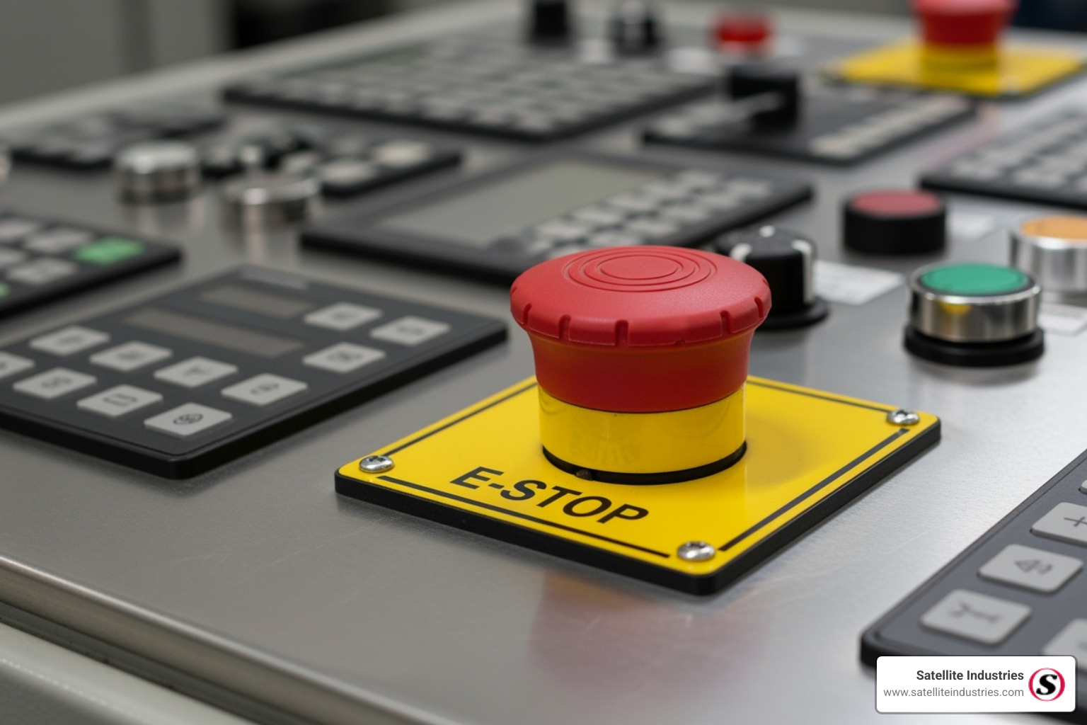 clearly marked emergency shut-down (E-stop) button on a control panel - Vacuum truck safety features