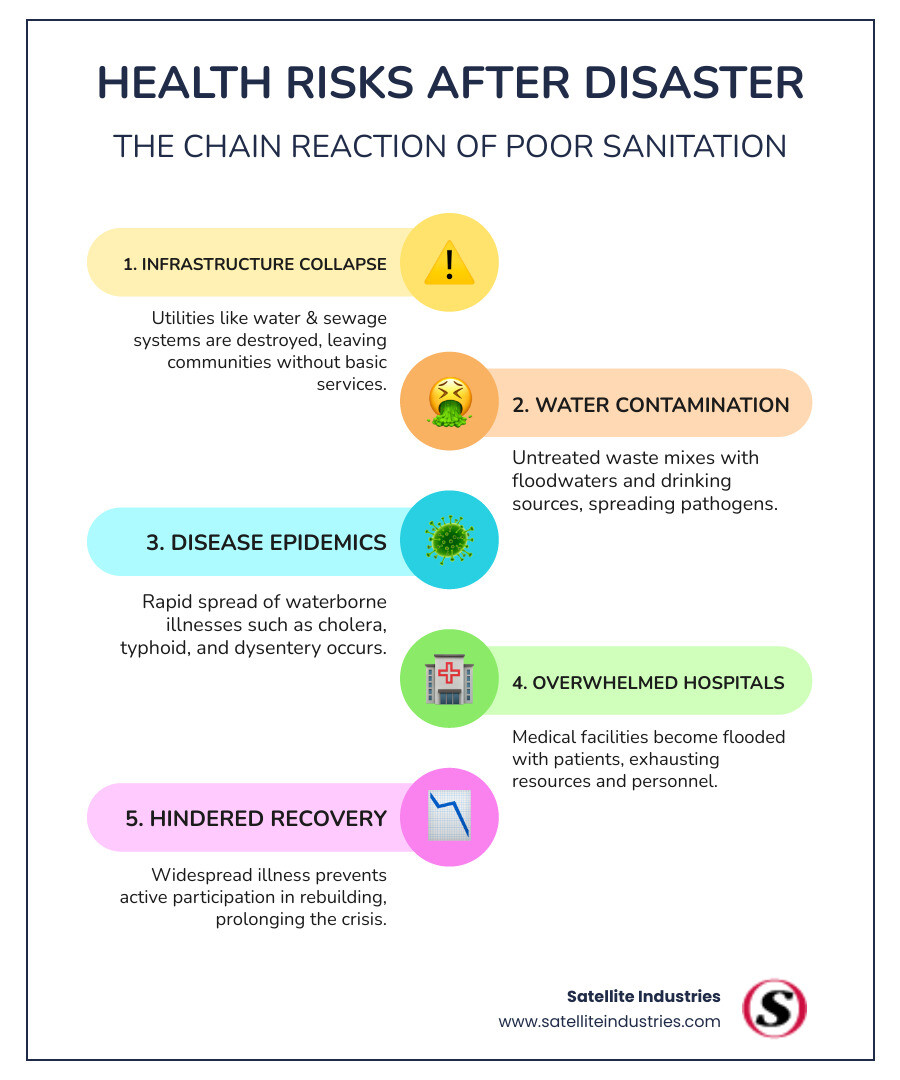 Infographic showing the chain of health risks from poor sanitation after disasters: broken infrastructure leads to contaminated water sources, which causes waterborne diseases like dysentery and cholera, resulting in disease outbreaks that overwhelm medical facilities and threaten community recovery efforts - Portable sanitation for disaster relief infographic infographic-line-5-steps-colors