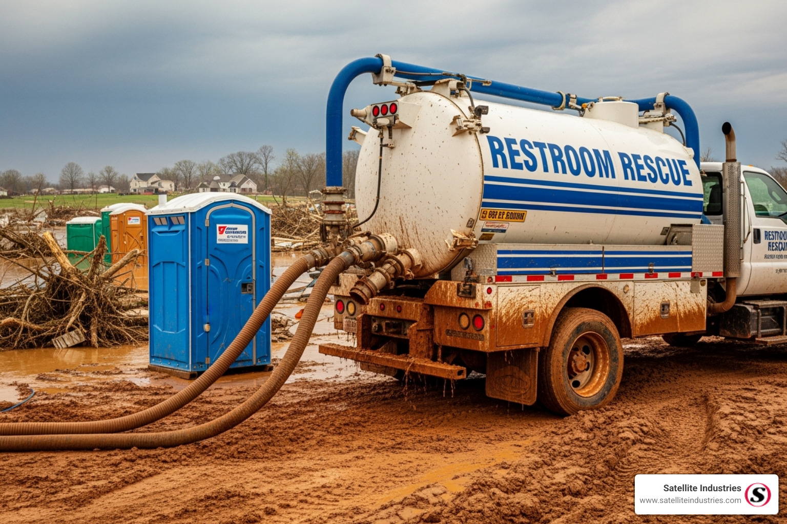 Vacuum service truck servicing a portable restroom in a difficult environment - Portable sanitation for disaster relief