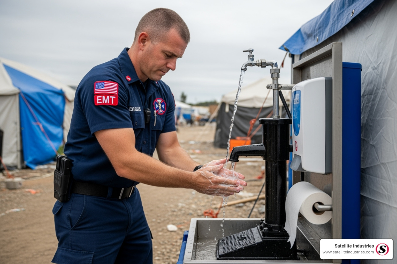 First responder using a handwashing station - Portable sanitation for disaster relief