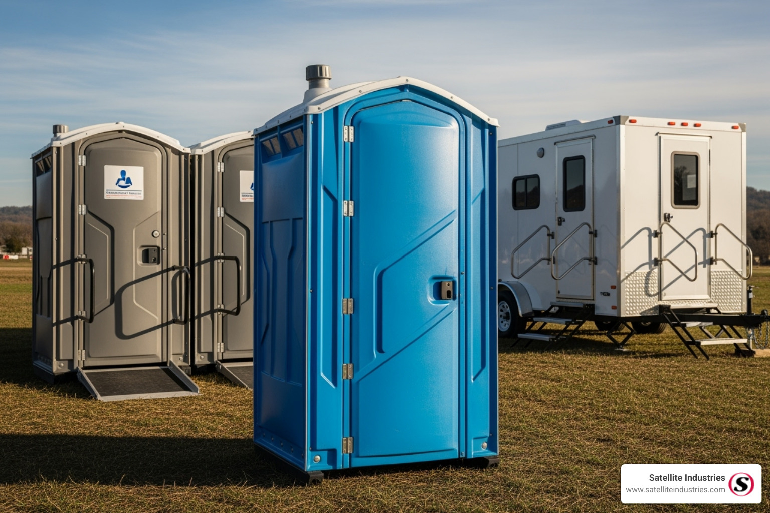 Various types of portable sanitation units, including a standard unit, an ADA unit, and a restroom trailer - Portable sanitation for disaster relief