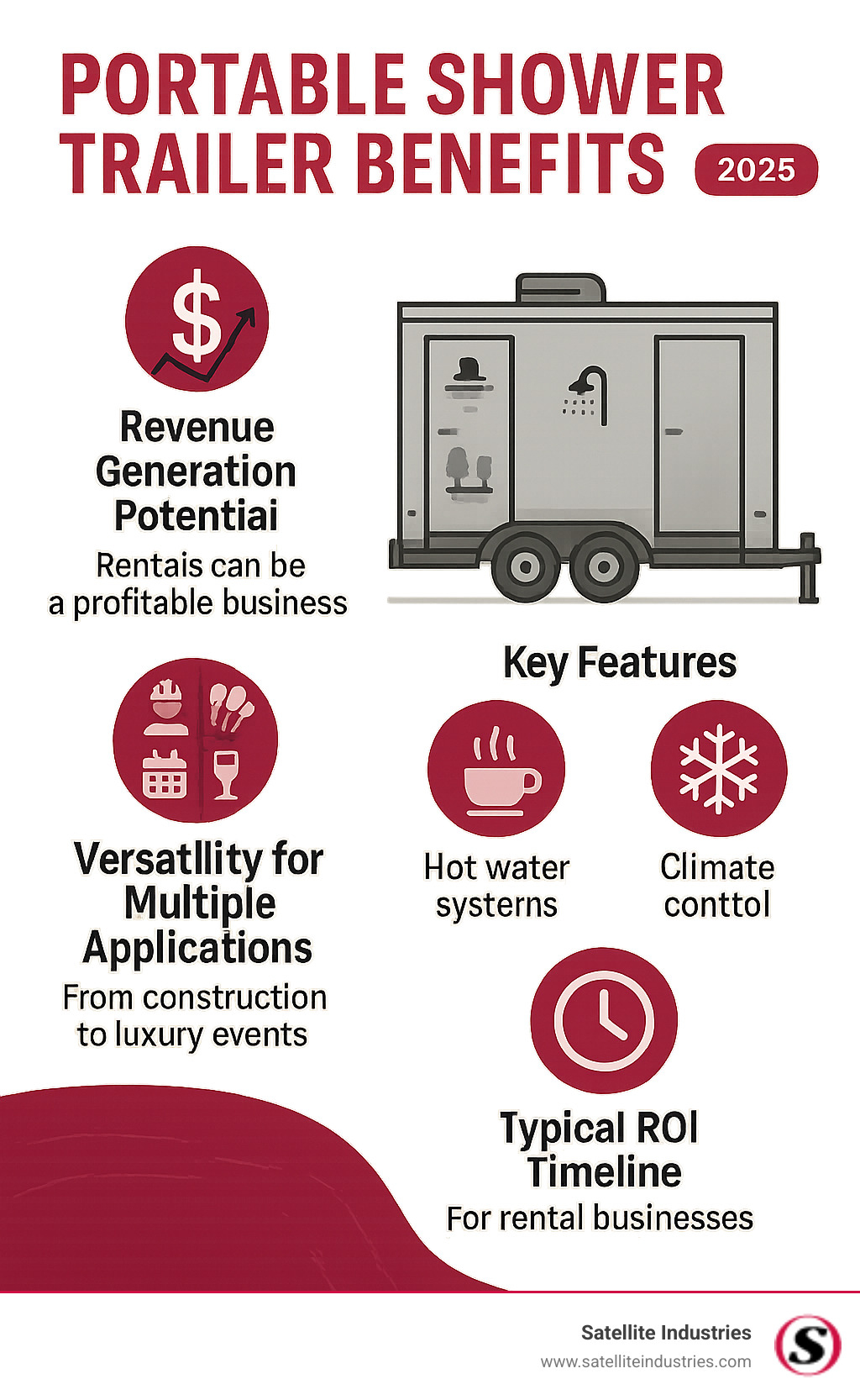 Infographic showing portable shower trailer benefits including revenue generation potential, versatility for multiple applications from construction to luxury events, key features like hot water systems and climate control, and typical ROI timeline for rental businesses - Portable shower trailers infographic