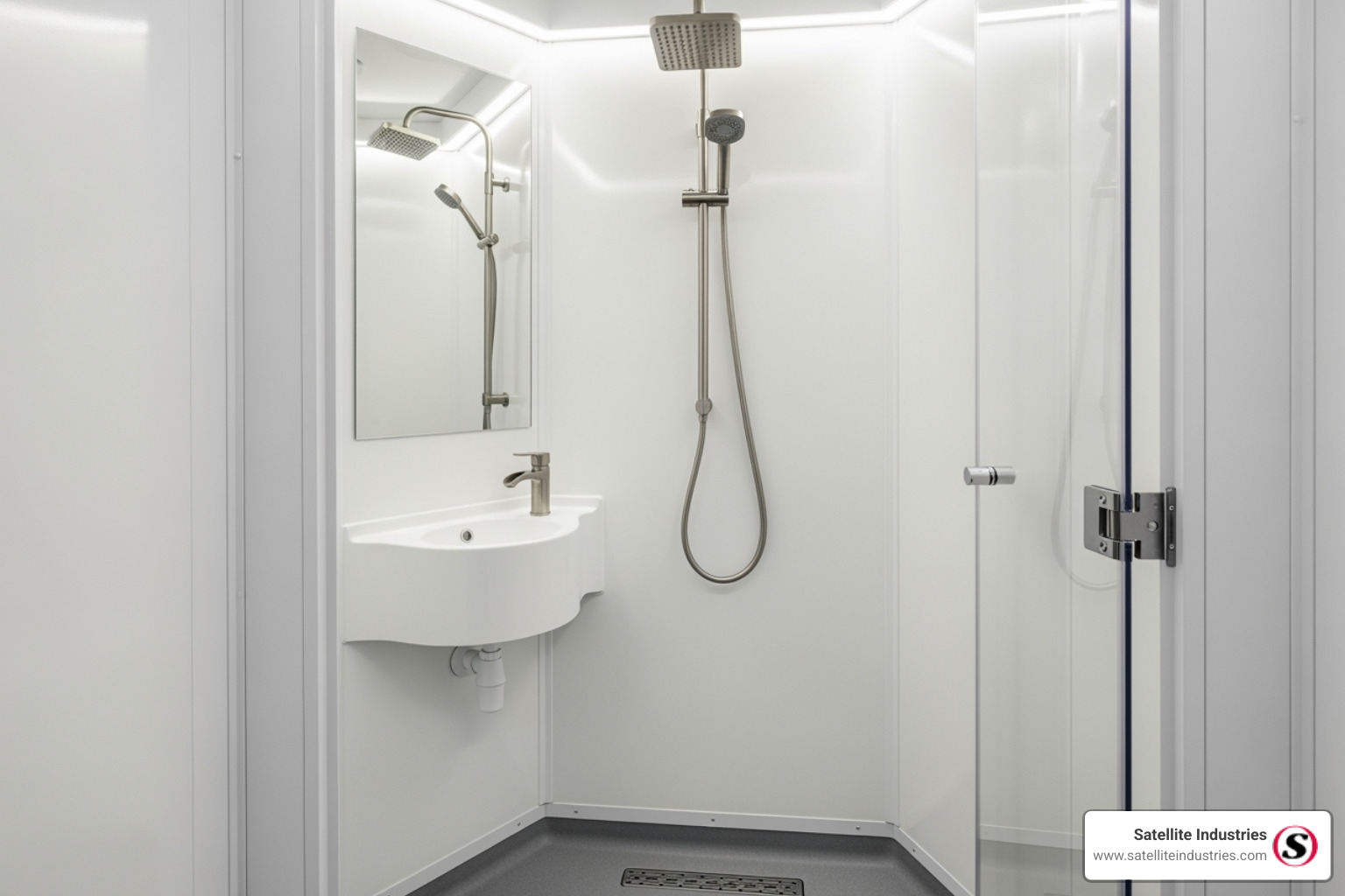 clean, well-lit interior of a shower stall with a sink and mirror - Portable shower trailers