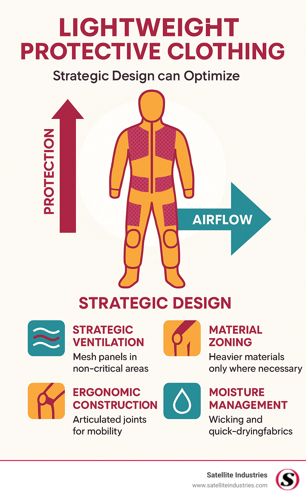 Protection versus airflow relationship in lightweight protective clothing showing how strategic design can optimize both - Lightweight protective clothing infographic